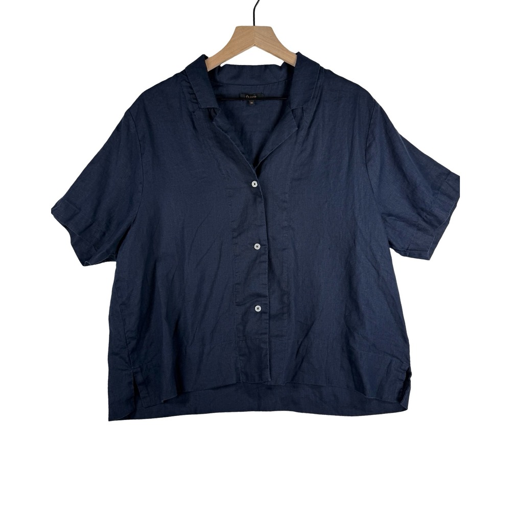 Quince 100% European Linen Short Sleeve Notch Lapel Shirt Navy Blue XL - Picture 3 of 6